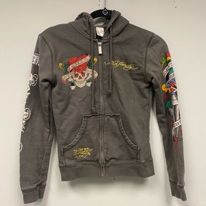 Vintage Ed Hardy Love Kills Slowly Graphic Bling Zip Up Hoodie Size Small